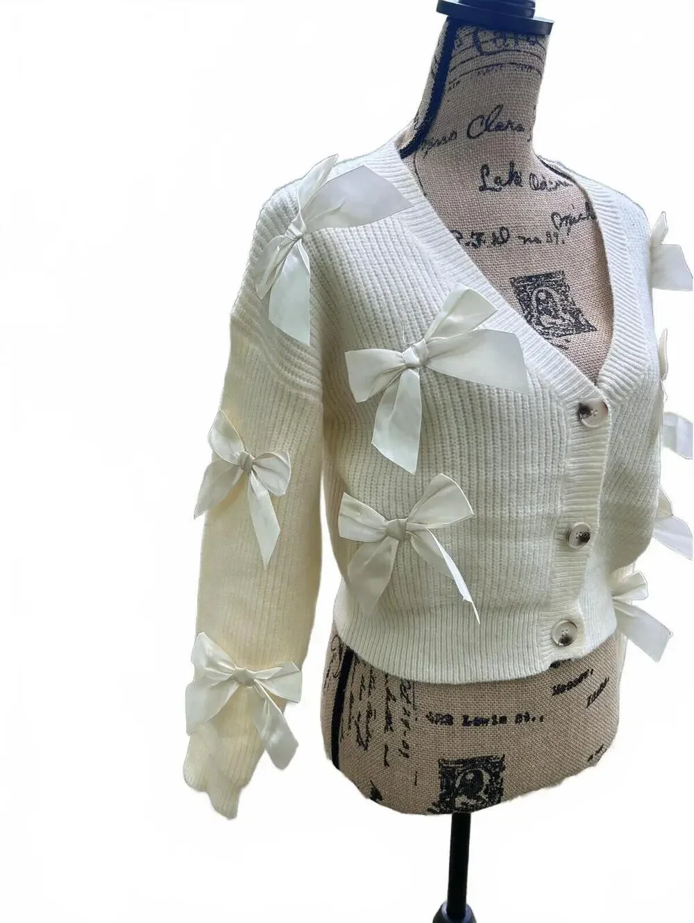 Debut Cream Button-Down Cardigan - Ribbon Bow Accents - Size S/M - Cottagecore - Picture 1 of 8